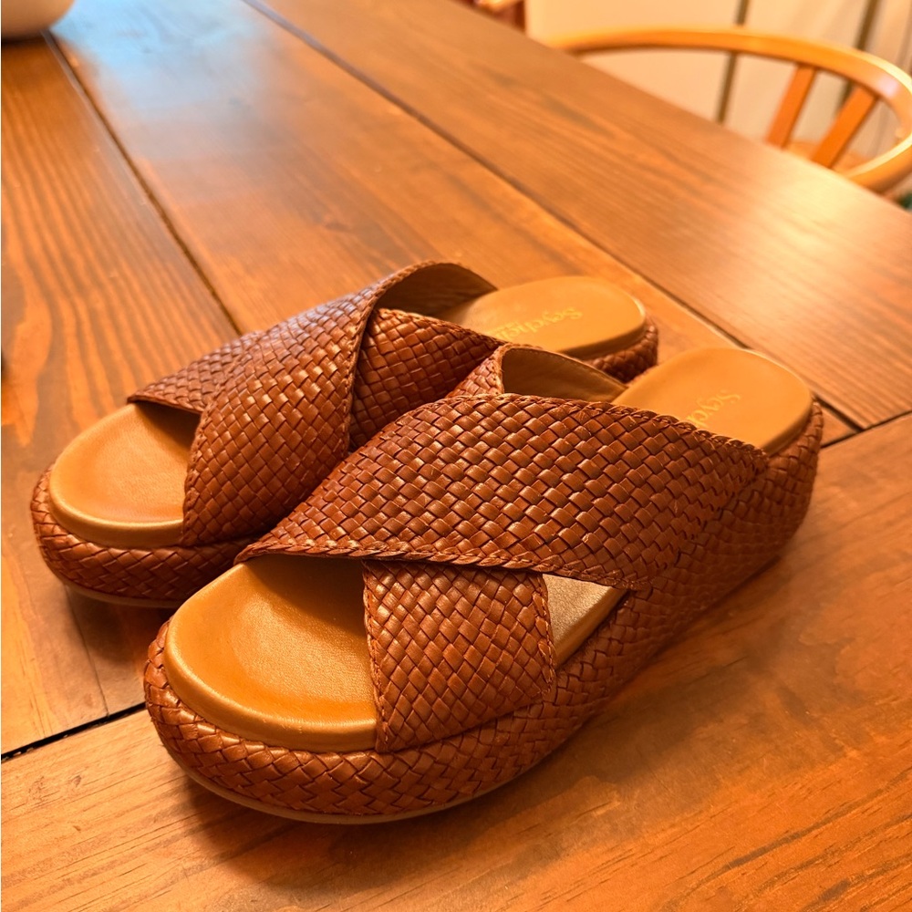 Seychelles Woven Crisscross Platform Mules in Brown